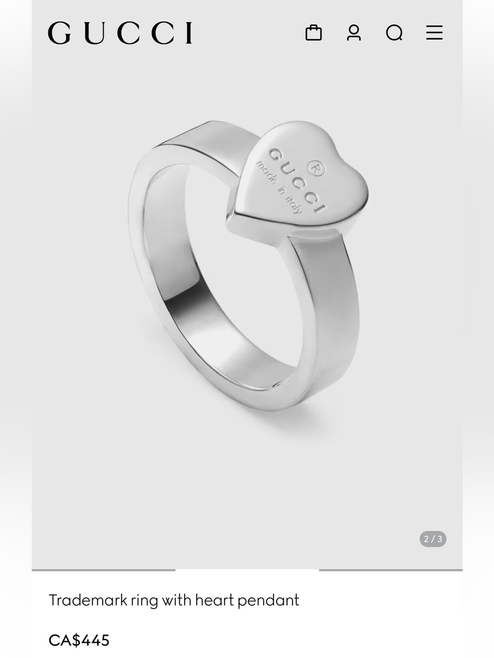 Gucci Silver Heart Pendant Trademark Ring